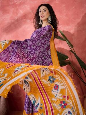 Women's purple silk blend bandhani work saree with unstitched blouse piece 1