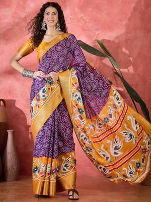 Women's purple silk blend bandhani work saree with unstitched blouse piece 2