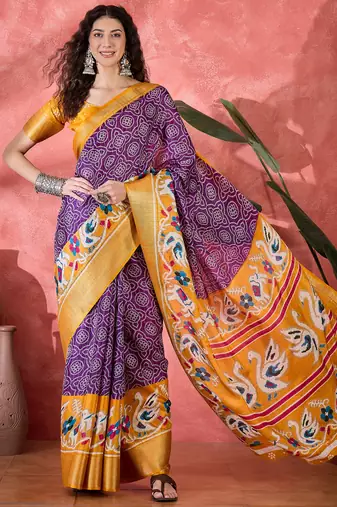 Women's purple silk blend bandhani work saree with unstitched blouse piece