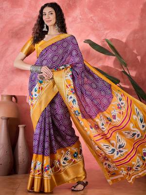 Women's purple silk blend bandhani work saree with unstitched blouse piece 3