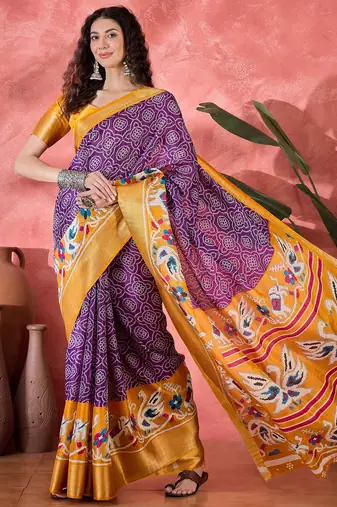 Women's purple silk blend bandhani work saree with unstitched blouse piece