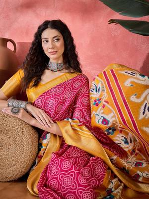 Women's rani silk blend bandhani work saree with unstitched blouse piece 1