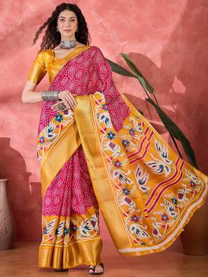 Women's rani silk blend bandhani work saree with unstitched blouse piece 2