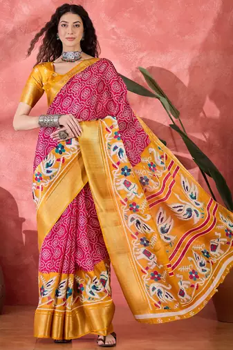 Women's rani silk blend bandhani work saree with unstitched blouse piece
