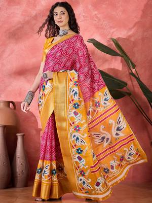 Women's rani silk blend bandhani work saree with unstitched blouse piece 3