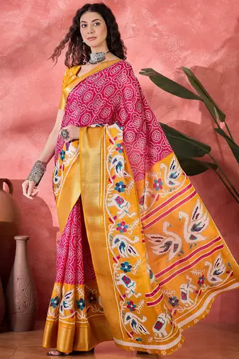 Women's rani silk blend bandhani work saree with unstitched blouse piece