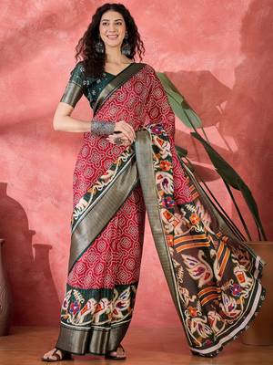Women's red silk blend bandhani work saree with unstitched blouse piece 2