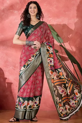 Women's red silk blend bandhani work saree with unstitched blouse piece