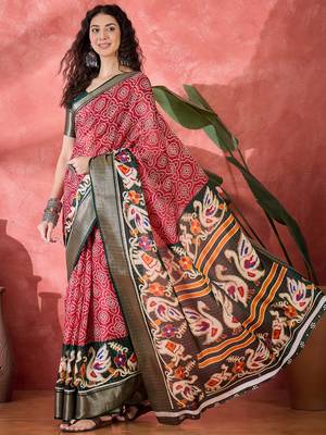 Women's red silk blend bandhani work saree with unstitched blouse piece 3