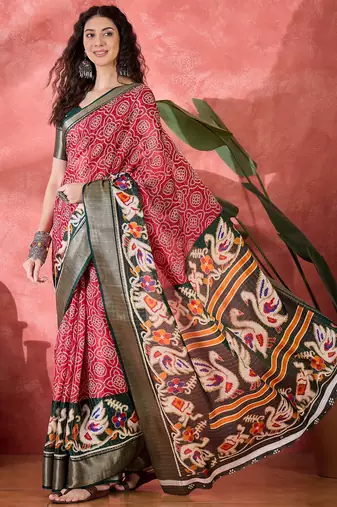 Women's red silk blend bandhani work saree with unstitched blouse piece