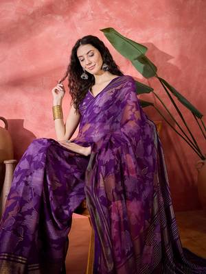 Women's purple chiffon foil print work saree with unstitched blouse piece 1