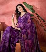 Women's purple chiffon foil print work saree with unstitched blouse piece