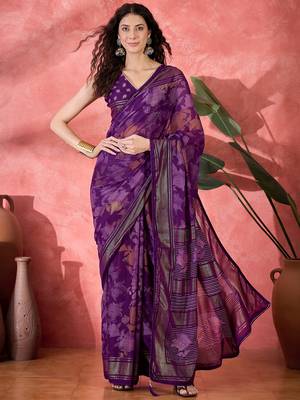 Women's purple chiffon foil print work saree with unstitched blouse piece 2