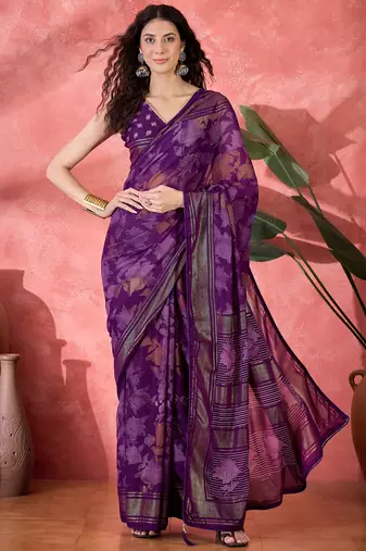 Women's purple chiffon foil print work saree with unstitched blouse piece