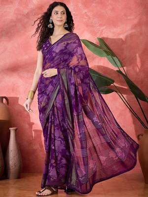 Women's purple chiffon foil print work saree with unstitched blouse piece 3