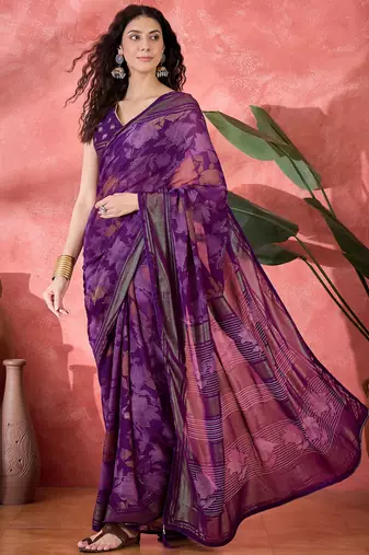 Women's purple chiffon foil print work saree with unstitched blouse piece