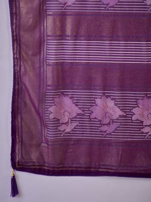 Women's purple chiffon foil print work saree with unstitched blouse piece 5
