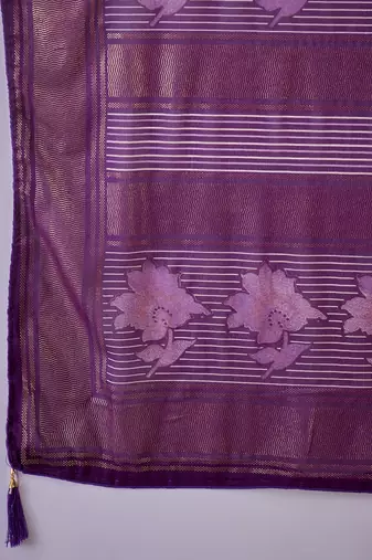 Women's purple chiffon foil print work saree with unstitched blouse piece