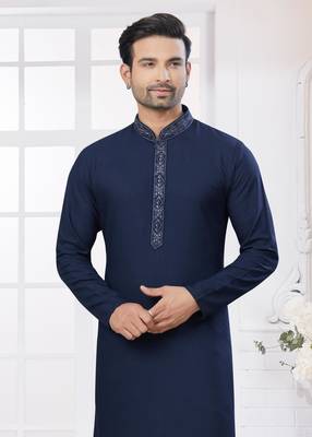 Navy blue heavy cotton with embroidery work kurta pyjama for mens wear 1