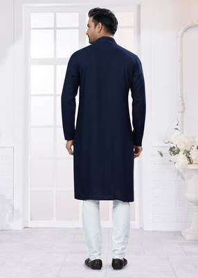 Navy blue heavy cotton with embroidery work kurta pyjama for mens wear 2