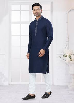 Navy blue heavy cotton with embroidery work kurta pyjama for mens wear 3
