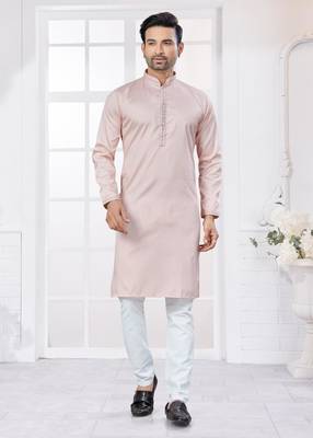 Pink heavy cotton with embroidery work kurta pyjama for mens wear 1