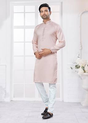 Pink heavy cotton with embroidery work kurta pyjama for mens wear 3