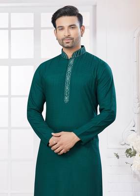 Dark green heavy cotton with embroidery work kurta pyjama for mens wear 1