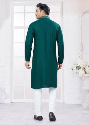 Dark green heavy cotton with embroidery work kurta pyjama for mens wear 2