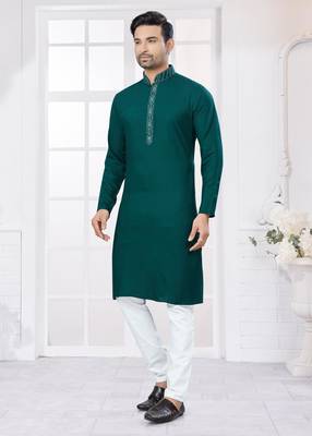 Dark green heavy cotton with embroidery work kurta pyjama for mens wear 3