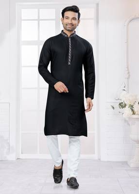 Black heavy cotton with embroidery work kurta pyjama for mens wear 1
