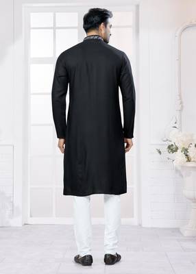 Black heavy cotton with embroidery work kurta pyjama for mens wear 2