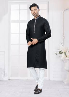 Black heavy cotton with embroidery work kurta pyjama for mens wear 3