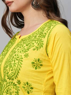  Hand Embroidered Yellow Cotton Lucknowi Chikankari Indian Women Kurti  7