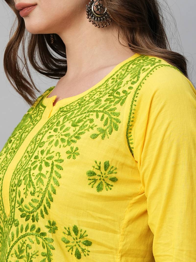  Hand Embroidered Yellow Cotton Lucknowi Chikankari Indian Women Kurti 