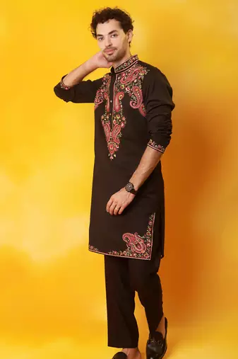 Black cotton embroidered kurta pajama