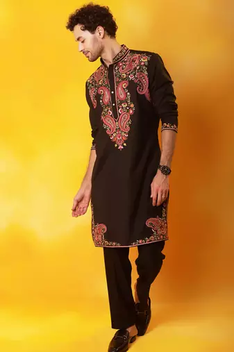 Black cotton embroidered kurta pajama