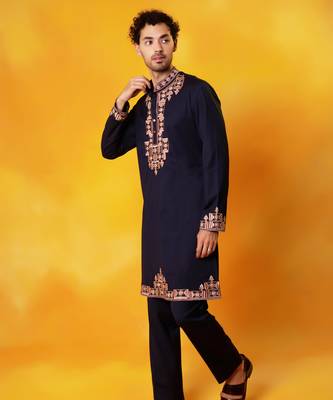 Navy blue cotton embroidered kurta pajama 1