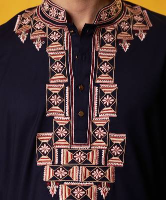 Navy blue cotton embroidered kurta pajama 2