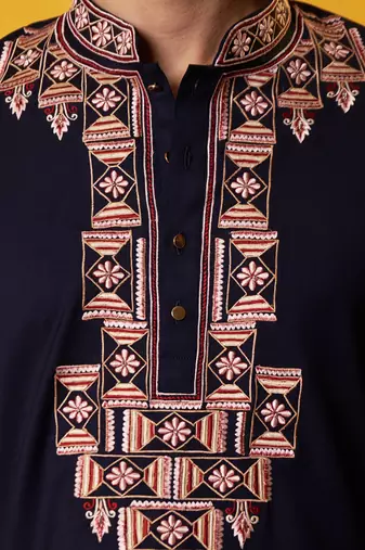 Navy blue cotton embroidered kurta pajama