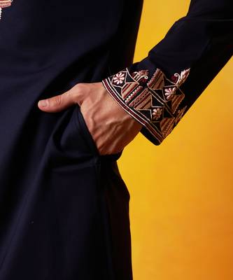 Navy blue cotton embroidered kurta pajama 3