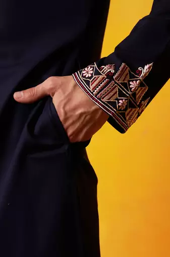Navy blue cotton embroidered kurta pajama