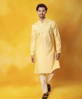 Yellow matka silk embroidered kurta pajama 1