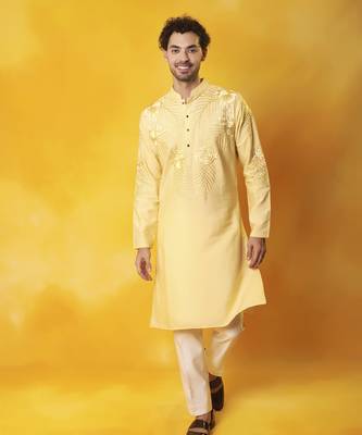 Yellow matka silk embroidered kurta pajama 2