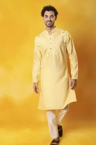 Yellow matka silk embroidered kurta pajama