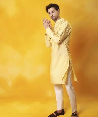 Yellow matka silk embroidered kurta pajama 3