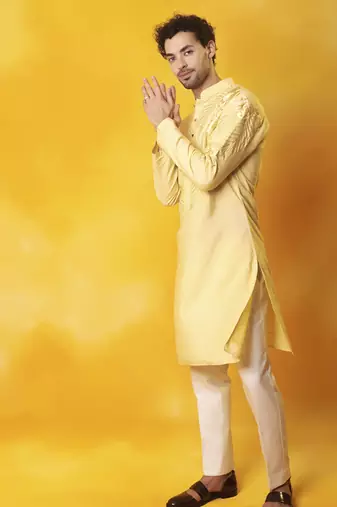 Yellow matka silk embroidered kurta pajama