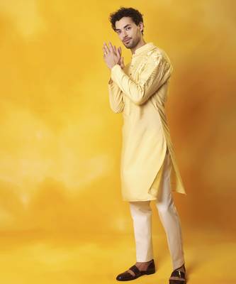 Yellow matka silk embroidered kurta pajama 4