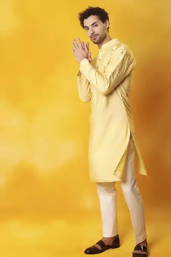 Yellow matka silk embroidered kurta pajama