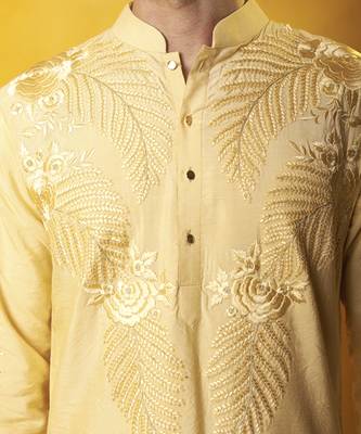 Yellow matka silk embroidered kurta pajama 5